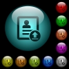 Upload contact icons in color illuminated glass buttons - Upload contact icons in color illuminated spherical glass buttons on black background. Can be used to black or dark templates