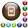 Mobile media fast forward color glass buttons - Mobile media fast forward white icons on round color glass buttons