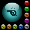 Whistle icons in color illuminated spherical glass buttons on black background. Can be used to black or dark templates - Whistle icons in color illuminated glass buttons