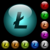 Litecoin digital cryptocurrency icons in color illuminated spherical glass buttons on black background. Can be used to black or dark templates - Litecoin digital cryptocurrency icons in color illuminated glass buttons