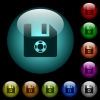 Help file icons in color illuminated spherical glass buttons on black background. Can be used to black or dark templates - Help file icons in color illuminated glass buttons