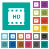 HD movie format square flat multi colored icons - HD movie format multi colored flat icons on plain square backgrounds. Included white and darker icon variations for hover or active effects.