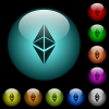 Ethereum classic digital cryptocurrency icons in color illuminated glass buttons - Ethereum classic digital cryptocurrency icons in color illuminated spherical glass buttons on black background. Can be used to black or dark templates