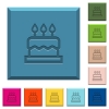 Birthday cake engraved icons on edged square buttons - Birthday cake engraved icons on edged square buttons in various trendy colors