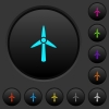 Wind turbine dark push buttons with vivid color icons on dark grey background - Wind turbine dark push buttons with color icons