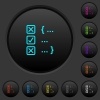 Source code checking dark push buttons with vivid color icons on dark grey background - Source code checking dark push buttons with color icons