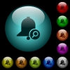 Find reminder icons in color illuminated spherical glass buttons on black background. Can be used to black or dark templates - Find reminder icons in color illuminated glass buttons