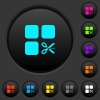 Cut component dark push buttons with vivid color icons on dark grey background - Cut component dark push buttons with color icons