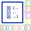 Source code checking flat color icons in square frames on white background - Source code checking flat framed icons