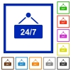 hanging table with 24h seven days a week flat framed icons - hanging table with 24h seven days a week flat color icons in square frames on white background