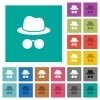 Incognito with glasses square flat multi colored icons - Incognito with glasses multi colored flat icons on plain square backgrounds. Included white and darker icon variations for hover or active effects.