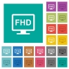 Full HD display square flat multi colored icons - Full HD display multi colored flat icons on plain square backgrounds. Included white and darker icon variations for hover or active effects.