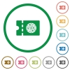 Pizzeria discount coupon flat color icons in round outlines on white background - Pizzeria discount coupon flat icons with outlines