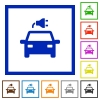 Electric car with connector flat color icons in square frames on white background - Electric car with connector flat framed icons