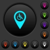 Disability accessibility GPS map location dark push buttons with vivid color icons on dark grey background - Disability accessibility GPS map location dark push buttons with color icons