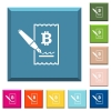 Signing Bitcoin cheque white icons on edged square buttons - Signing Bitcoin cheque white icons on edged square buttons in various trendy colors