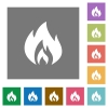 Flame square flat icons - Flame flat icons on simple color square backgrounds