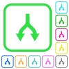 Split arrows down vivid colored flat icons in curved borders on white background - Split arrows down vivid colored flat icons