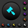 Judge hammer dark push buttons with vivid color icons on dark grey background - Judge hammer dark push buttons with color icons