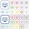 Full HD display outlined flat color icons - Full HD display color flat icons in rounded square frames. Thin and thick versions included.