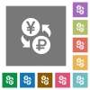 Yen Ruble money exchange flat icons on simple color square backgrounds - Yen Ruble money exchange square flat icons