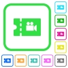 Movie discount coupon vivid colored flat icons - Movie discount coupon vivid colored flat icons in curved borders on white background