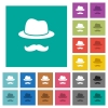 Incognito with mustache square flat multi colored icons - Incognito with mustache multi colored flat icons on plain square backgrounds. Included white and darker icon variations for hover or active effects.