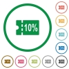 10 percent discount coupon flat icons with outlines - 10 percent discount coupon flat color icons in round outlines on white background