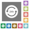 24 hours sticker with arrows square flat icons - 24 hours sticker with arrows flat icons on simple color square backgrounds