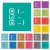 Source code checking multi colored flat icons on plain square backgrounds. Included white and darker icon variations for hover or active effects. - Source code checking square flat multi colored icons