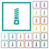Vertical zipper flat color icons with quadrant frames on white background - Vertical zipper flat color icons with quadrant frames