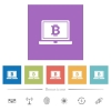 Laptop with Bitcoin sign flat white icons in square backgrounds. 6 bonus icons included. - Laptop with Bitcoin sign flat white icons in square backgrounds