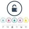 Unlocked combination lock with side numbers flat color icons in round outlines. 6 bonus icons included. - Unlocked combination lock with side numbers flat color icons in round outlines