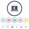 Laptop with Euro sign flat color icons in round outlines. 6 bonus icons included. - Laptop with Euro sign flat color icons in round outlines