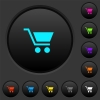 Empty shopping cart dark push buttons with vivid color icons on dark grey background - Empty shopping cart dark push buttons with color icons