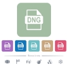 DNG file format white flat icons on color rounded square backgrounds. 6 bonus icons included - DNG file format flat icons on color rounded square backgrounds