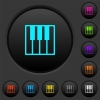 Piano keyboard dark push buttons with vivid color icons on dark grey background - Piano keyboard dark push buttons with color icons