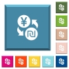 Yen new Shekel money exchange white icons on edged square buttons in various trendy colors - Yen new Shekel money exchange white icons on edged square buttons