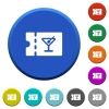 cocktail bar discount coupon round color beveled buttons with smooth surfaces and flat white icons - cocktail bar discount coupon beveled buttons