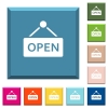 Open sign white icons on edged square buttons in various trendy colors - Open sign white icons on edged square buttons