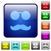 Glasses and mustache icons in rounded square color glossy button set - Glasses and mustache color square buttons