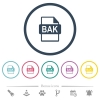 BAK file format flat color icons in round outlines - BAK file format flat color icons in round outlines. 6 bonus icons included.