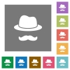 Incognito with mustache flat icons on simple color square backgrounds - Incognito with mustache square flat icons