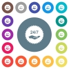 24 hours seven service sticker flat white icons on round color backgrounds. 17 background color variations are included. - 24 hours seven service sticker flat white icons on round color backgrounds