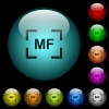 Camera manal focus mode icons in color illuminated glass buttons - Camera manal focus mode icons in color illuminated spherical glass buttons on black background. Can be used to black or dark templates