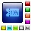 10 percent discount coupon icons in rounded square color glossy button set - 10 percent discount coupon color square buttons