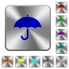 Umbrella engraved icons on rounded square glossy steel buttons - Umbrella rounded square steel buttons