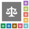 Scale of law square flat icons - Scale of law flat icons on simple color square backgrounds