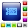 50 percent discount coupon icons in rounded square color glossy button set - 50 percent discount coupon color square buttons
