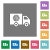 Pizza delivery truck flat icons on simple color square backgrounds - Pizza delivery truck square flat icons